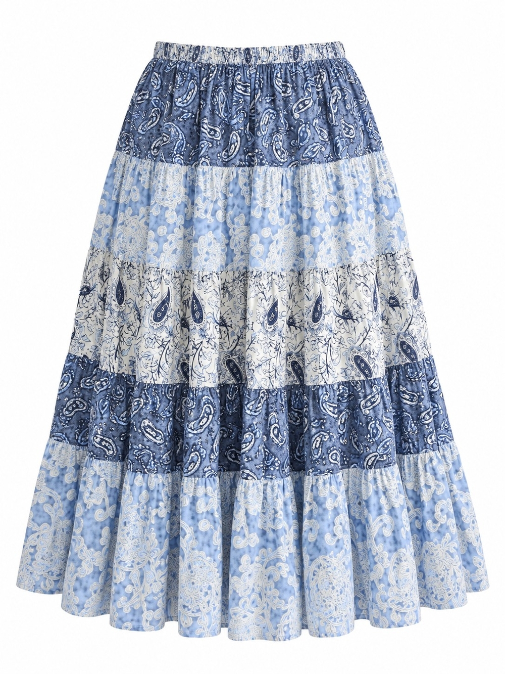 COLDWATER CREEK | Blue Paisley Patchwork Tiered Cotton Midi Skirt | XL Petite